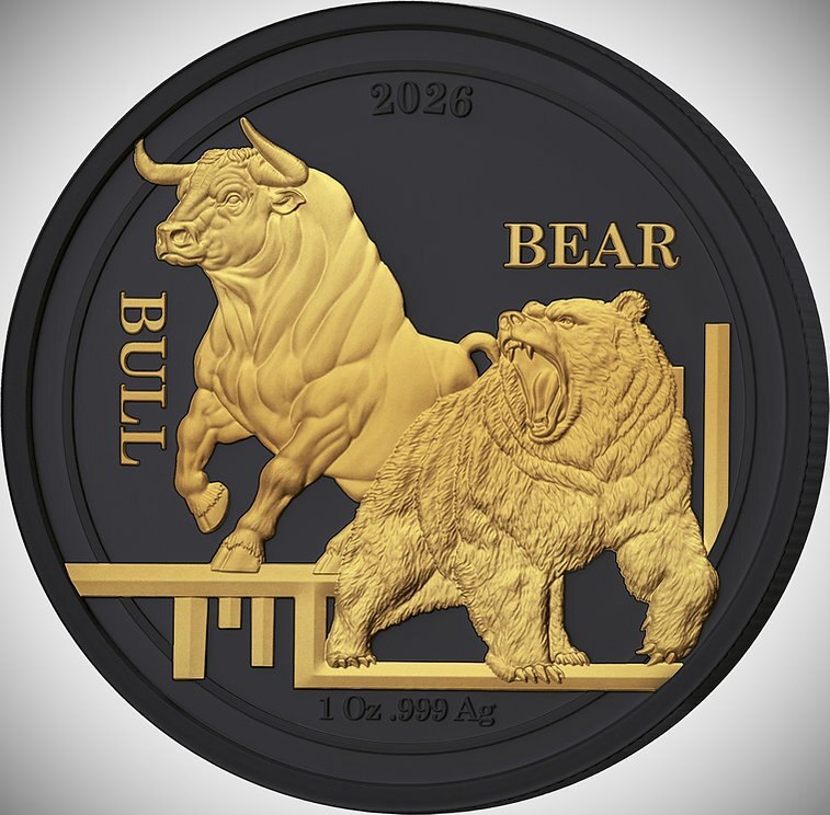 Bull and Bear Golden Enigma Edition 1oz .999 Silver 1$ Ascension Islands 2026