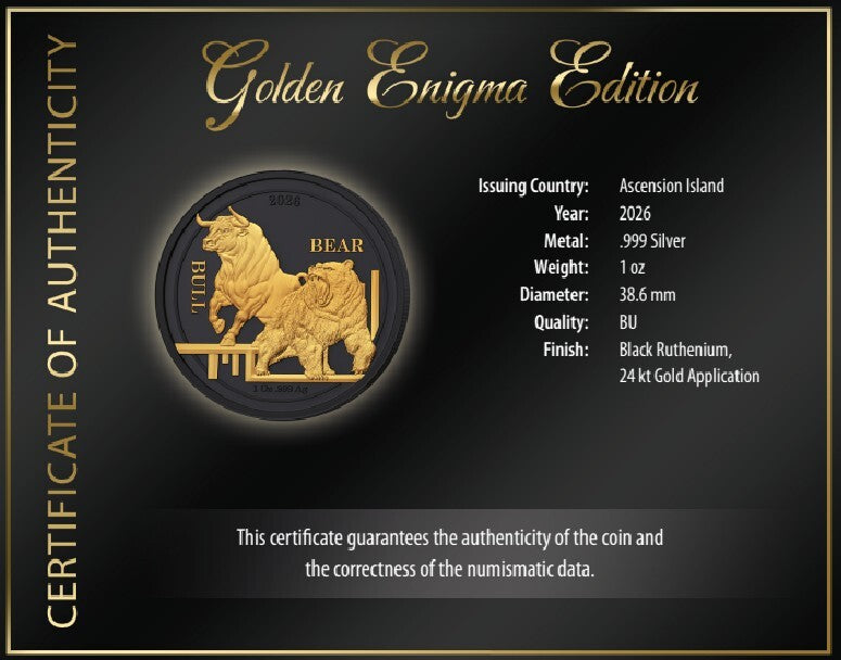 Bull and Bear Golden Enigma Edition 1oz .999 Silver 1$ Ascension Islands 2026