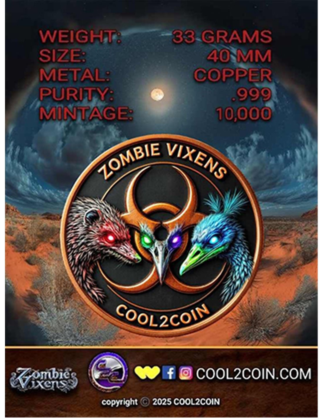THE LAUGHING DEATH Zombie Vixens Kookaburra Colorized Copper Round Card 2025